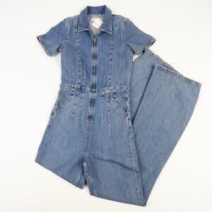 NWT Free People Womens Medium Denim Blue Jean Jayde Flare Sunburst Jumpsuit